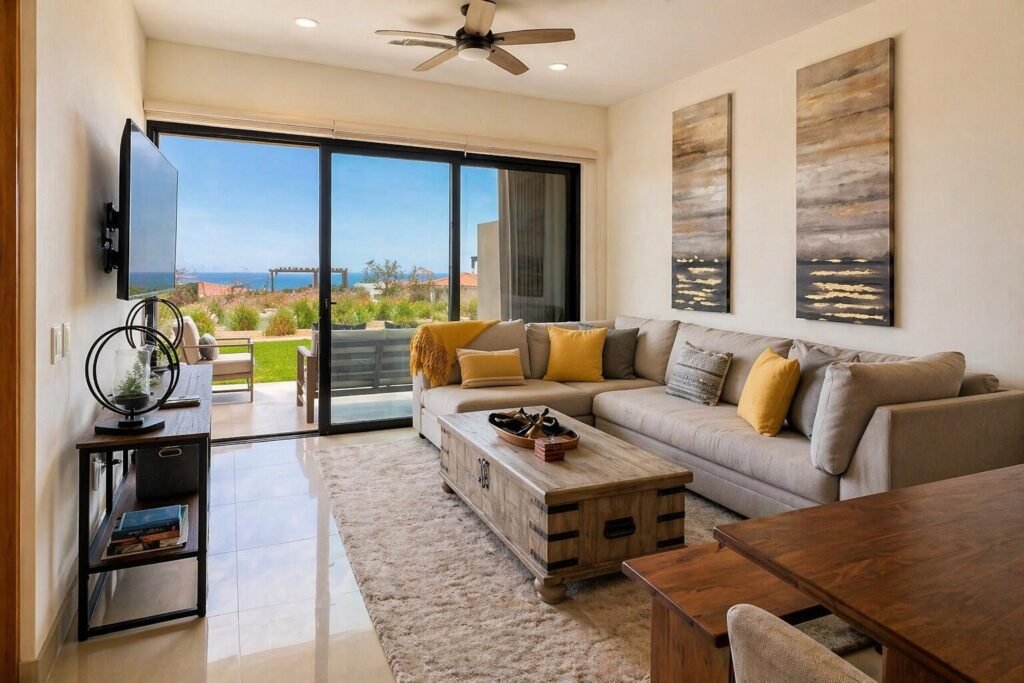 Los Cabos Cora Turnkey and beautifully furnished, CORA Sunrise D202 offers effortless luxury living in the highly sought-after Club Campestre community of San José del Cabo. This 3-bedroom, 3.5-bath residence showcases a bright open-concept design with a modern kitchen, oversized island, and spacious living and dining areas that flow seamlessly onto a large private terrace through floor-to-ceiling sliding glass doors--perfect for indoor-outdoor entertaining.Each bedroom is thoughtfully designed for comfort and privacy, complemented by contemporary finishes and stylish bathrooms throughout. Expansive outdoor living spaces invite you to relax and enjoy the serene surroundings.Residents of CORA Sunrise enjoy resort-style amenities, including a pool, fitness center, jacuzzi, kids' area, and 24/7 gated s rity. Ideally located just minutes from world-class golf, pristine beaches, dining, and the vibrant Art District, this property is perfect as a full-time residence, vacation getaway, or investment opportunity. – Tari Tramonti, Cabo Corridor, BS