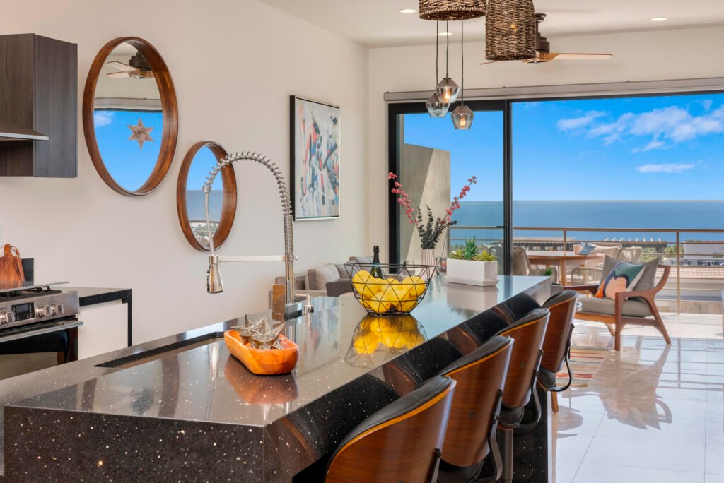 Los Cabos Villas Del Sol Great location, close to all amenities in Cabo San Lucas, walking distance to Medano Beach and to the CSL Marina, restaurants, bars, shops, supermarkets and all vibrant life in Cabo! This 115 m2 (1240 sqft) under AC condo has ceramic floor tiles, high vaulted ceilings, lots of natural light, back terrace with sink, electric water heater, AC mini splits and ceiling fans on each room, hardwood kitchen with propane stove, laundry closet, large living area, one parking space. Villa del Sol is a boutique gated community of only 22 private residencies with common palapa and pool area. Low HOAs. Walk everywhere, enjoy Cabo! – Tramonti, Cabo Corridor, Cabo Corridor, BS