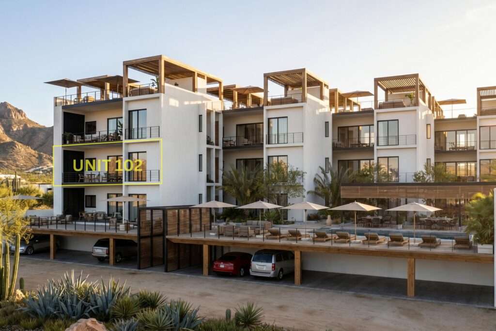 Los Cabos Las Arenas 2-bedroom, 2-bathroom condo featuring a fully equipped kitchen, spacious living and dining areas, laundry room, walk-in closet, and a private terrace with direct access to the swimming pool. The building offers elevator access and includes one assigned parking space. An excellent opportunity for both full-time living and investment in a community with attractive amenities.Condo de 2 recámaras y 2 baños completos. Cuenta con cocina totalmente equipada, sala, comedor, área de lavado, un walk-in closet y terraza con acceso directo a la alberca. El edificio ofrece elevador e incluye 1 espacio de estacionamiento asignado. Una excelente opción para vivir o invertir en una ubicación con atractivas amenidades. – Tamar - Sol, Cabo Corridor, BS